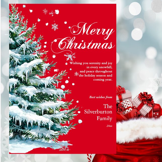 Modern Merry Christmas Elegant Script Snow Fir Holiday Card (Creator Uploaded)