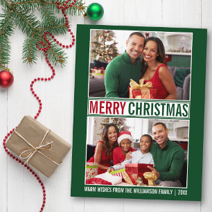 Modern Merry Christmas Family 2 Photo Green Postcard