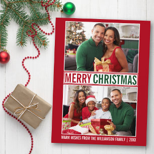 Modern Merry Christmas Family 2 Photo Red Postcard