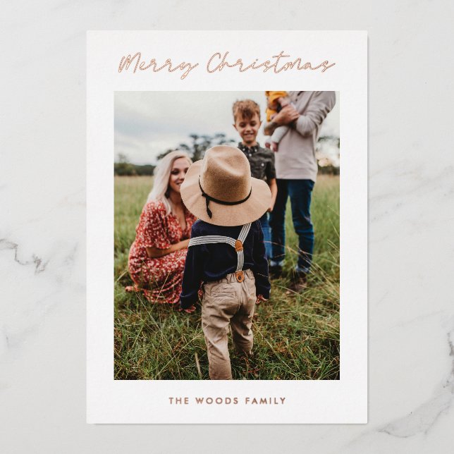 Modern Merry Christmas Family 4 Photo  Foil Holiday Card (Front)