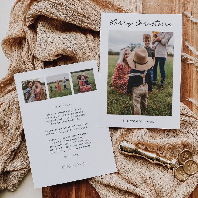 Modern Merry Christmas Family 4 Photo  Holiday Card (Creator Uploaded)