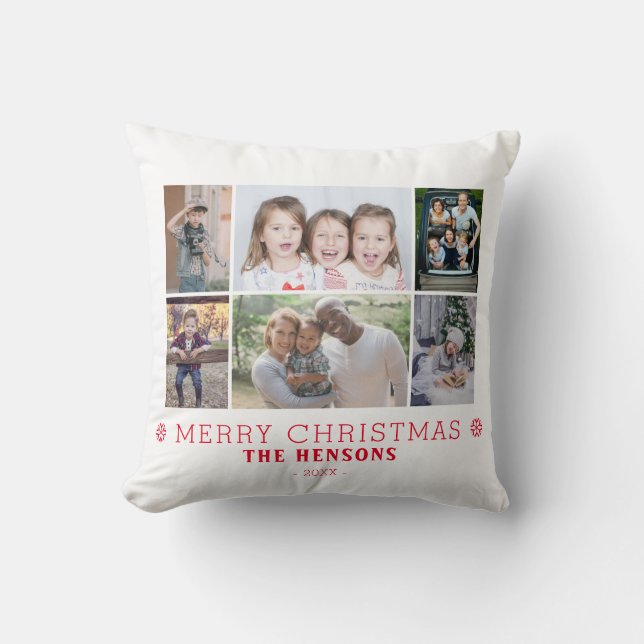 Modern Merry Christmas Family 6 Photo Collage Cushion (Front)