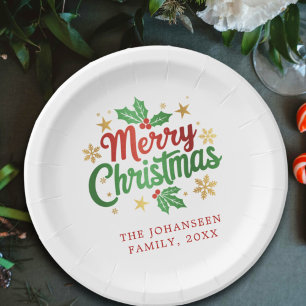 Modern Merry Christmas Family Festive Red & Green  Paper Plate