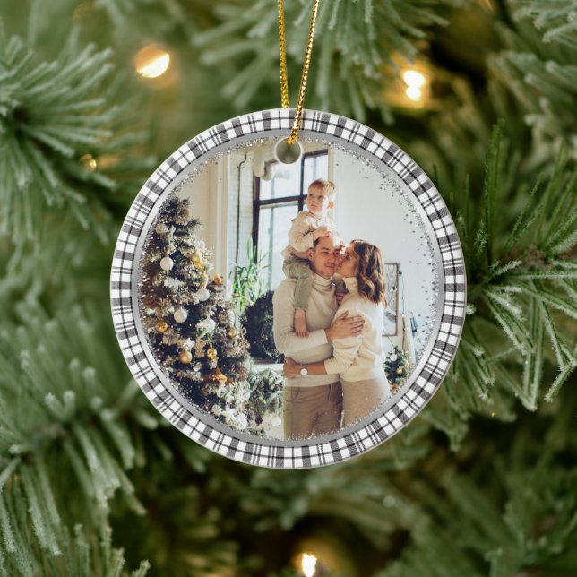 Modern Merry Christmas Family Photo Black White  Ceramic Ornament (Tree)