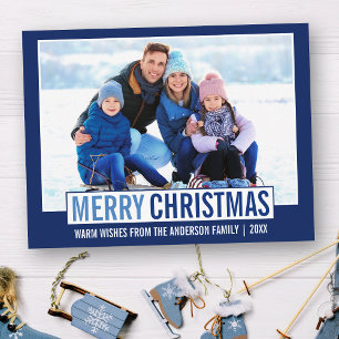 Modern Merry Christmas Family Photo Blue Postcard