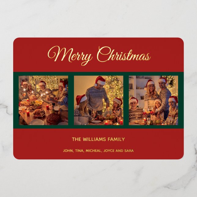 Modern Merry Christmas Family Photo Collage Foil Holiday Card (Front)