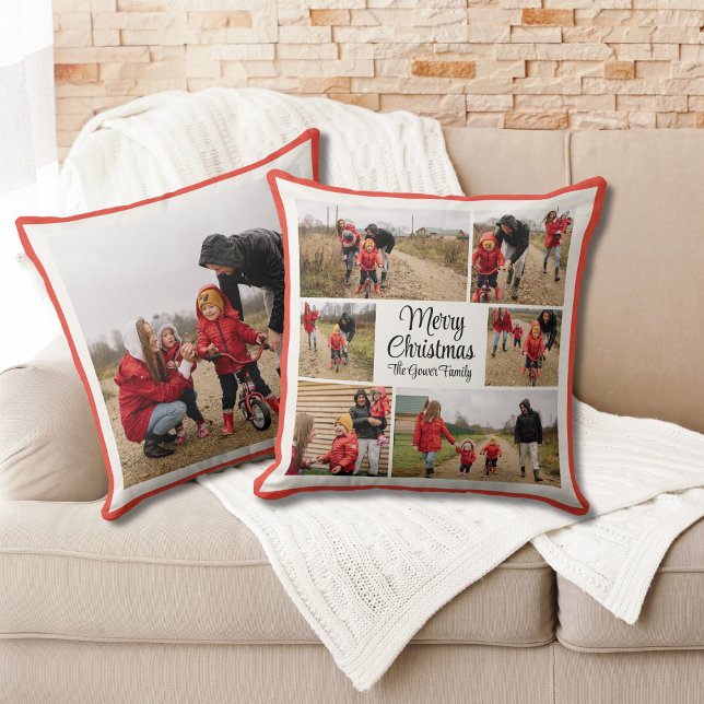 Modern Merry Christmas Family Photo Cushion (Creator Uploaded)