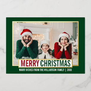 Modern Merry Christmas Family Photo Green Gold Foil Holiday Card
