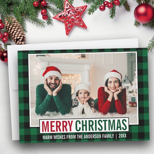 Modern Merry Christmas Family Photo Green Plaid Holiday Card (Customize to add text to back of card.)