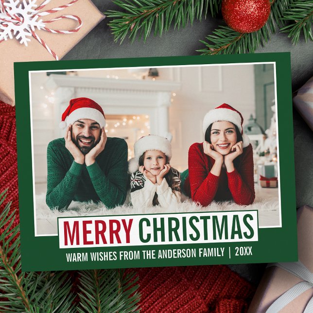 Modern Merry Christmas Family Photo Green Postcard (Customize to change your personalized text size or text style.)