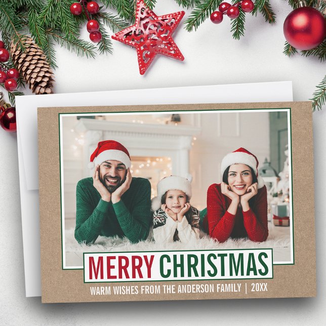 Modern Merry Christmas Family Photo Kraft Holiday Card (Customize to add text to back of card.)