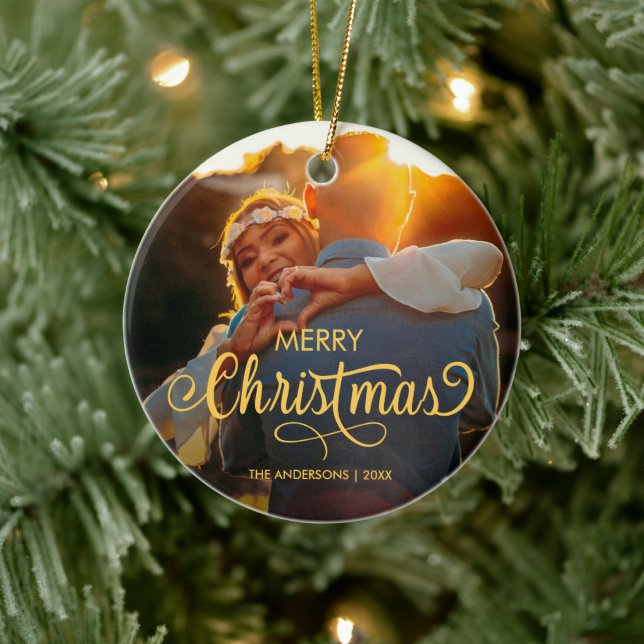 Modern Merry Christmas Family Photo Name Ceramic O Ornament (Tree)