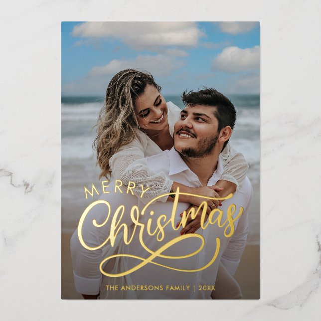Modern Merry Christmas Family Photo Name Gold  Hol Foil Holiday Card (Front)