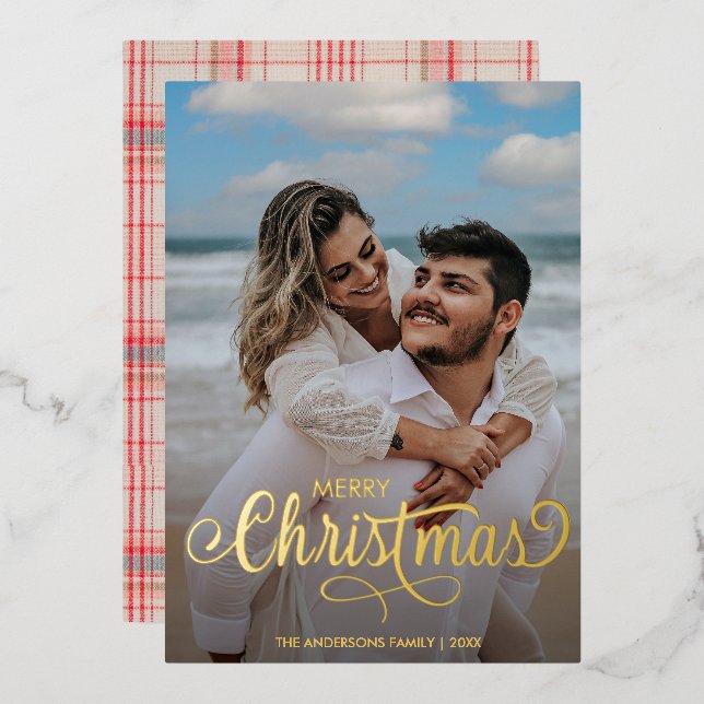 Modern Merry Christmas Family Photo Name Tartan  F Foil Holiday Card (Front/Back)