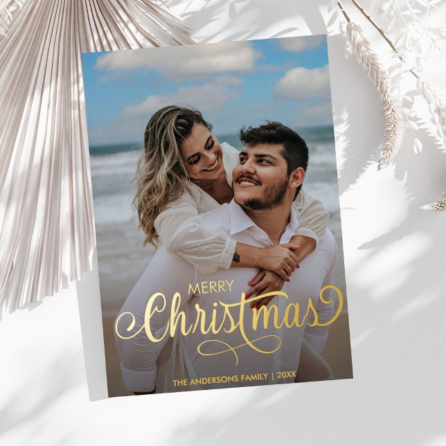 Modern Merry Christmas Family Photo Name Tartan  F Foil Holiday Card (Creator Uploaded)