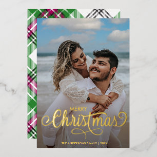 Modern Merry Christmas Family Photo Name Tartan Fo Foil Holiday Card
