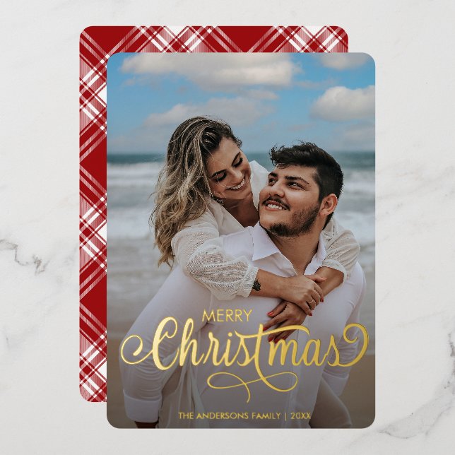 Modern Merry Christmas Family Photo Name Tartan Fo Foil Holiday Card (Front/Back)