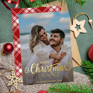 Modern Merry Christmas Family Photo Name Tartan Foil Holiday Card