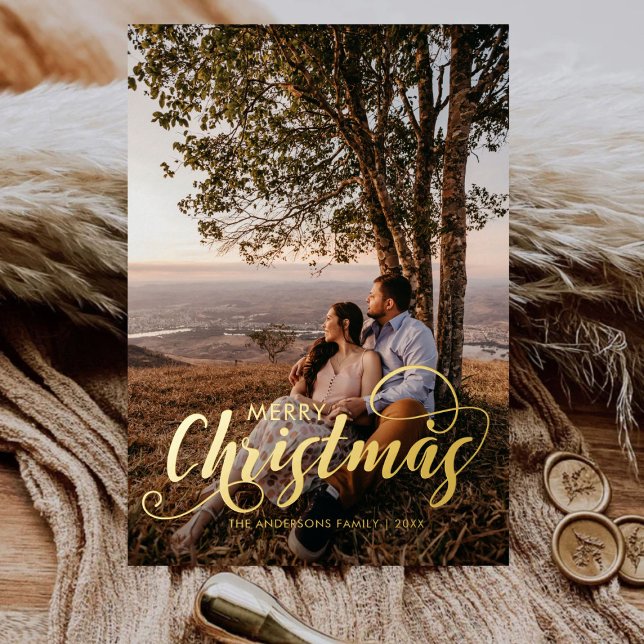 Modern Merry Christmas Family Photo Name Tartan Foil Holiday Card (Creator Uploaded)