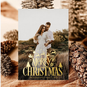 Modern Merry Christmas Family Photo Name Tartan Foil Holiday Card