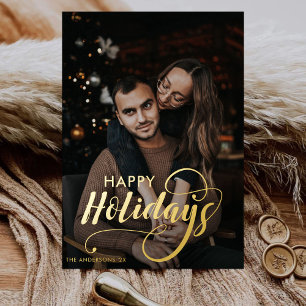 Modern Merry Christmas Family Photo Name Tartan Foil Holiday Card