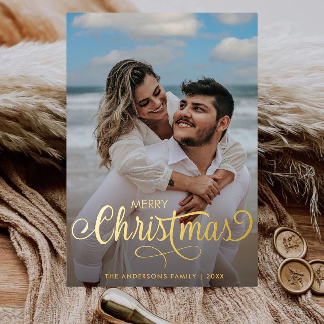 Modern Merry Christmas Family Photo Name Tartan Foil Holiday Card (Creator Uploaded)