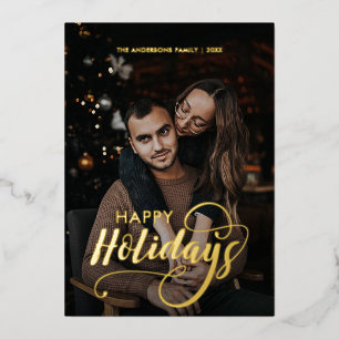 Modern Merry Christmas Family Photo Name Tartan Foil Holiday Card