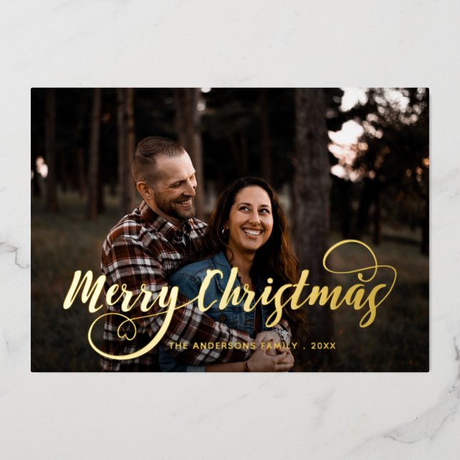 Modern Merry Christmas Family Photo Name Tartan Ho Foil Holiday Card (Front)