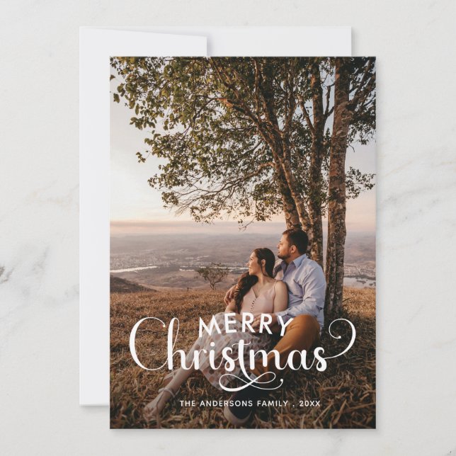 Modern Merry Christmas Family Photo Name Tartan Ho Holiday Card (Front)