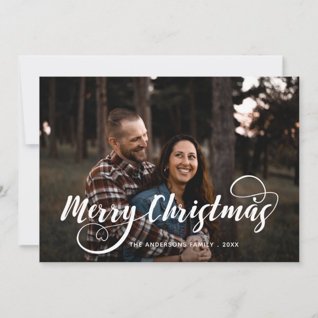 Modern Merry Christmas Family Photo Name Tartan Ho Holiday Card (Front)