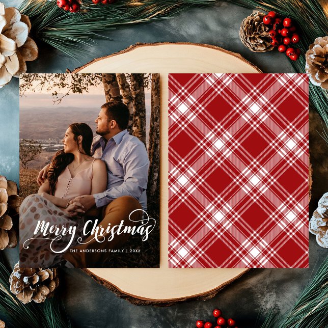 Modern Merry Christmas Family Photo Name Tartan Holiday Card (Creator Uploaded)