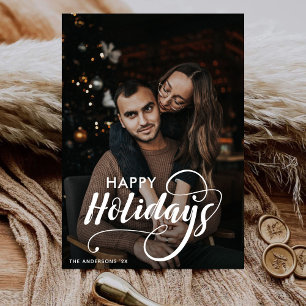 Modern Merry Christmas Family Photo Name Tartan Holiday Card