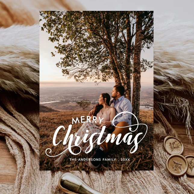 Modern Merry Christmas Family Photo Name Tartan Holiday Card (Creator Uploaded)