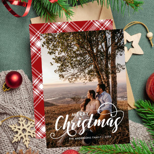 Modern Merry Christmas Family Photo Name Tartan Holiday Card