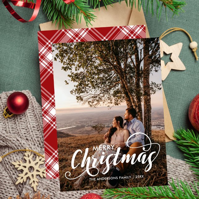 Modern Merry Christmas Family Photo Name Tartan Holiday Card (Creator Uploaded)