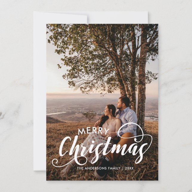 Modern Merry Christmas Family Photo Name Tartan Holiday Card (Front)