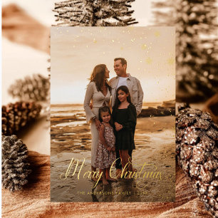 Modern Merry Christmas Family Photo plaid Tartan Foil Holiday Card