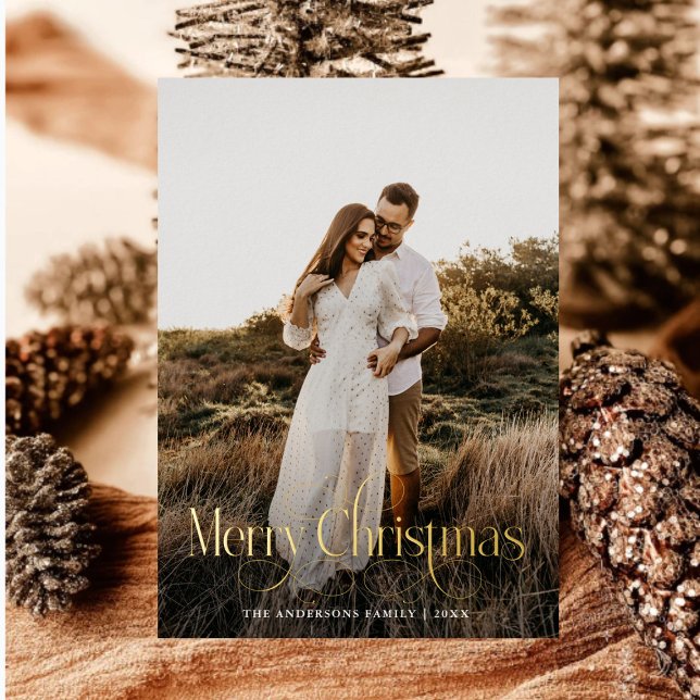 Modern Merry Christmas Family Photo plaid Tartan Foil Holiday Card (Creator Uploaded)