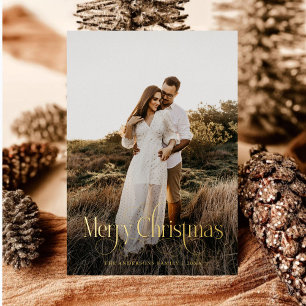 Modern Merry Christmas Family Photo plaid Tartan Foil Holiday Card