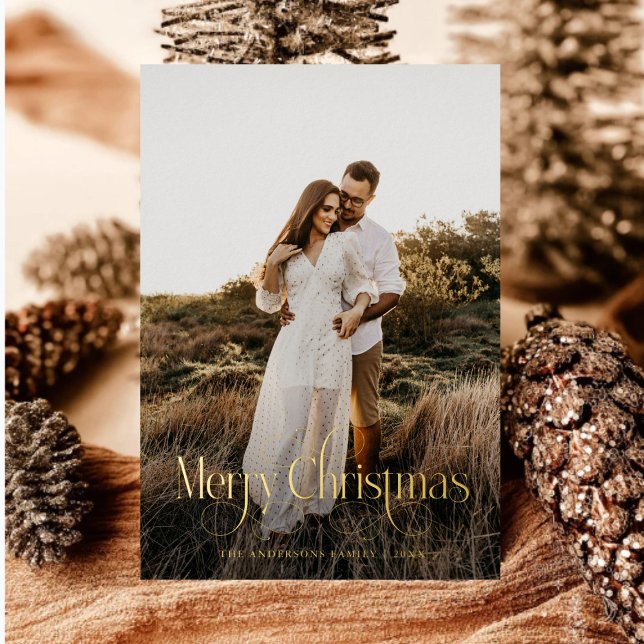 Modern Merry Christmas Family Photo plaid Tartan Foil Holiday Card (Creator Uploaded)