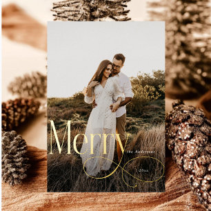 Modern Merry Christmas Family Photo plaid Tartan Foil Holiday Card