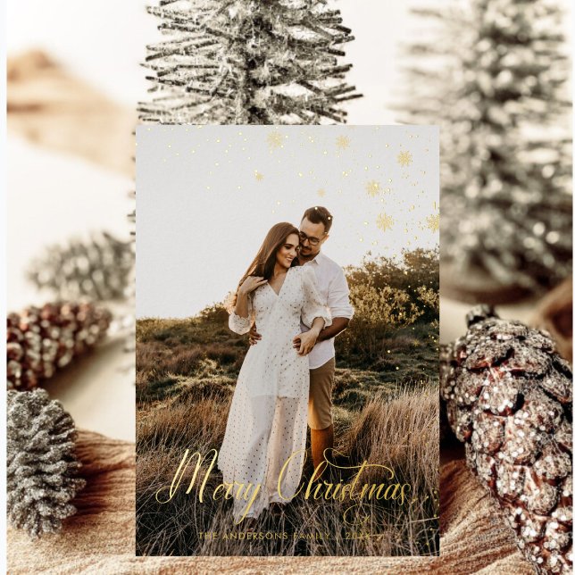 Modern Merry Christmas Family Photo plaid Tartan Foil Holiday Card (Creator Uploaded)