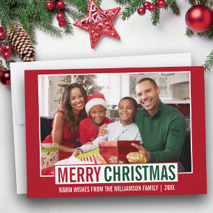 Modern Merry Christmas Family Photo Red Holiday Card