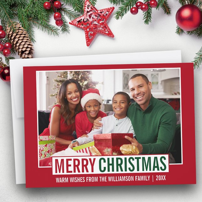 Modern Merry Christmas Family Photo Red Holiday Card (Customize to add text to back of card.)