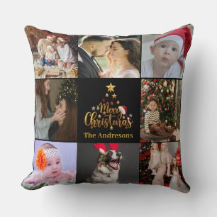 Modern Merry Christmas Family Photo Rustic Cushion
