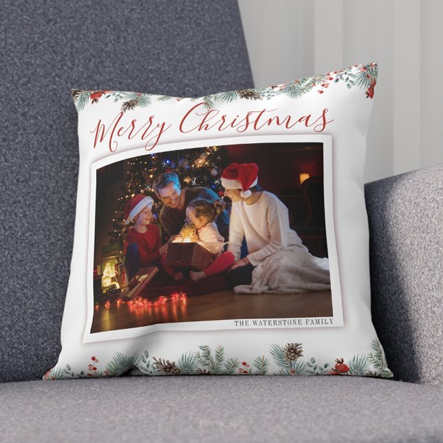 Modern Merry Christmas Family Photo Rustic Cushion (Christmas Photo Family Botanical Throw Pillow)