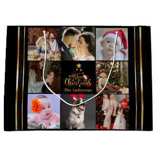 Modern Merry Christmas Family Photo Rustic  Large Gift Bag