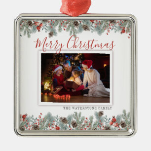 Modern Merry Christmas Family Photo Rustic Metal Ornament