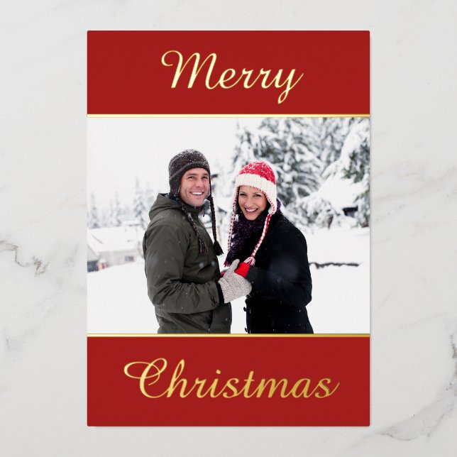 Modern Merry Christmas Family Photo Script Foil Foil Holiday Card (Front)