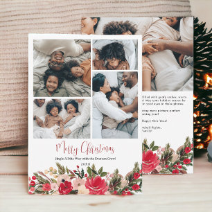 Modern merry Christmas floral family 5 photos Holiday Card